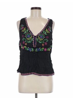 Maeve Anthropologie Black Floral Embroidered Sleeveless Button Front Top M